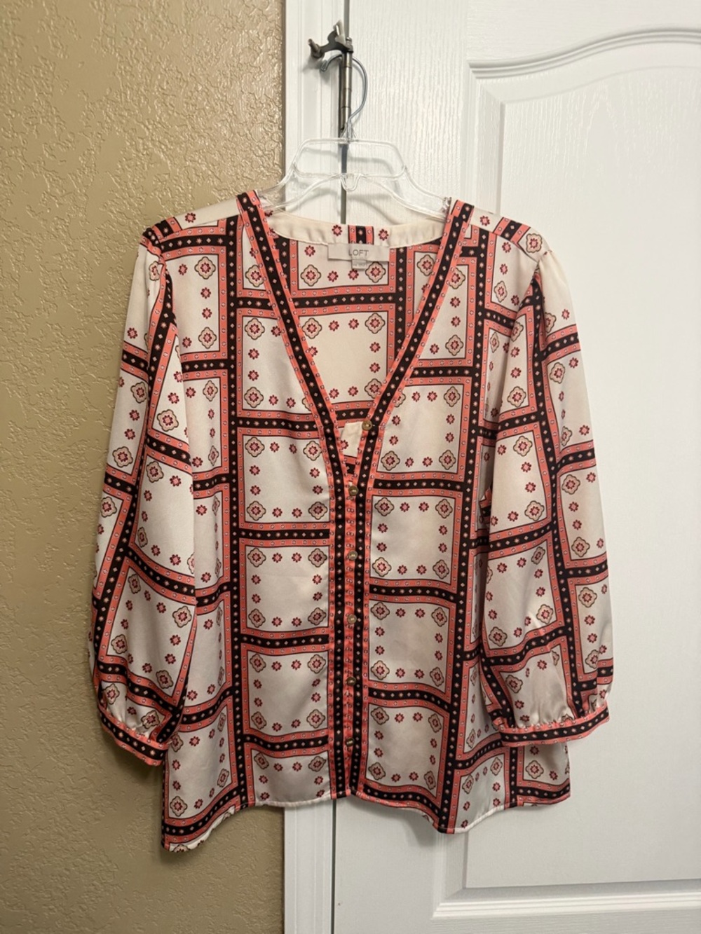 LOFT Pink and Black Geometric Print V-Neck Blouse